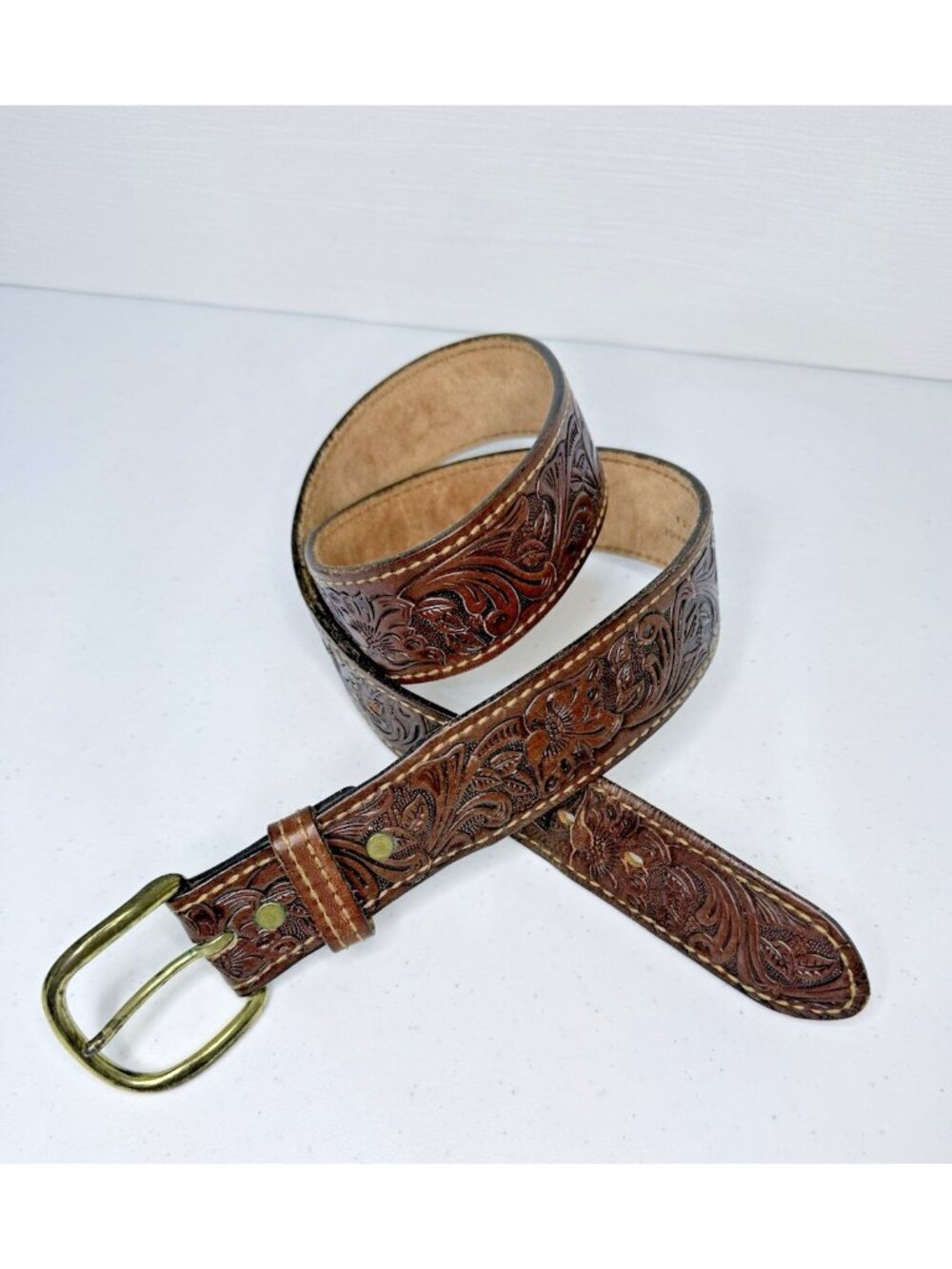 Tooled Leather Western Belt Size 36 Brown Made in USA Removable Buckle